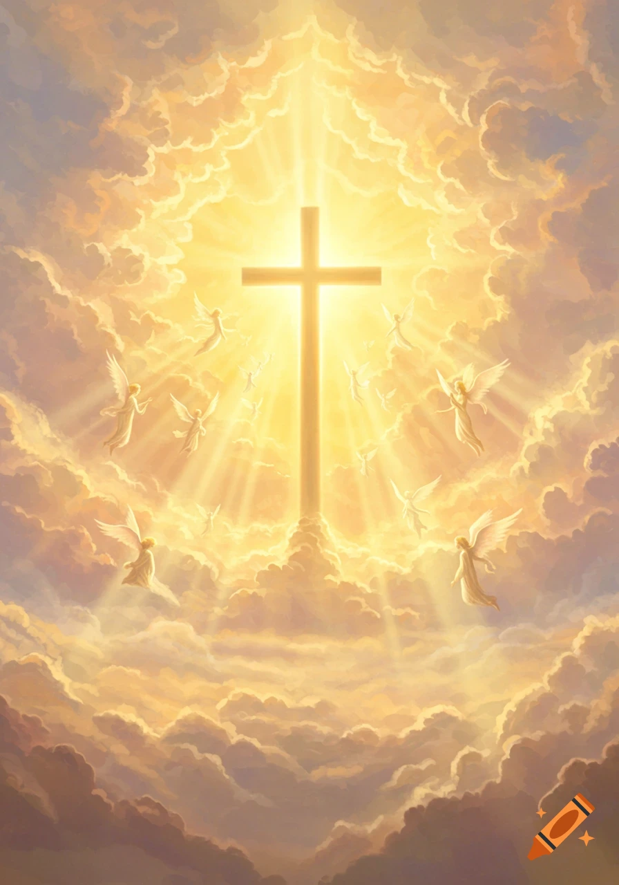 A glowing cross surrounded by angels in a heavenly, golden cloudscape with bright light rays.