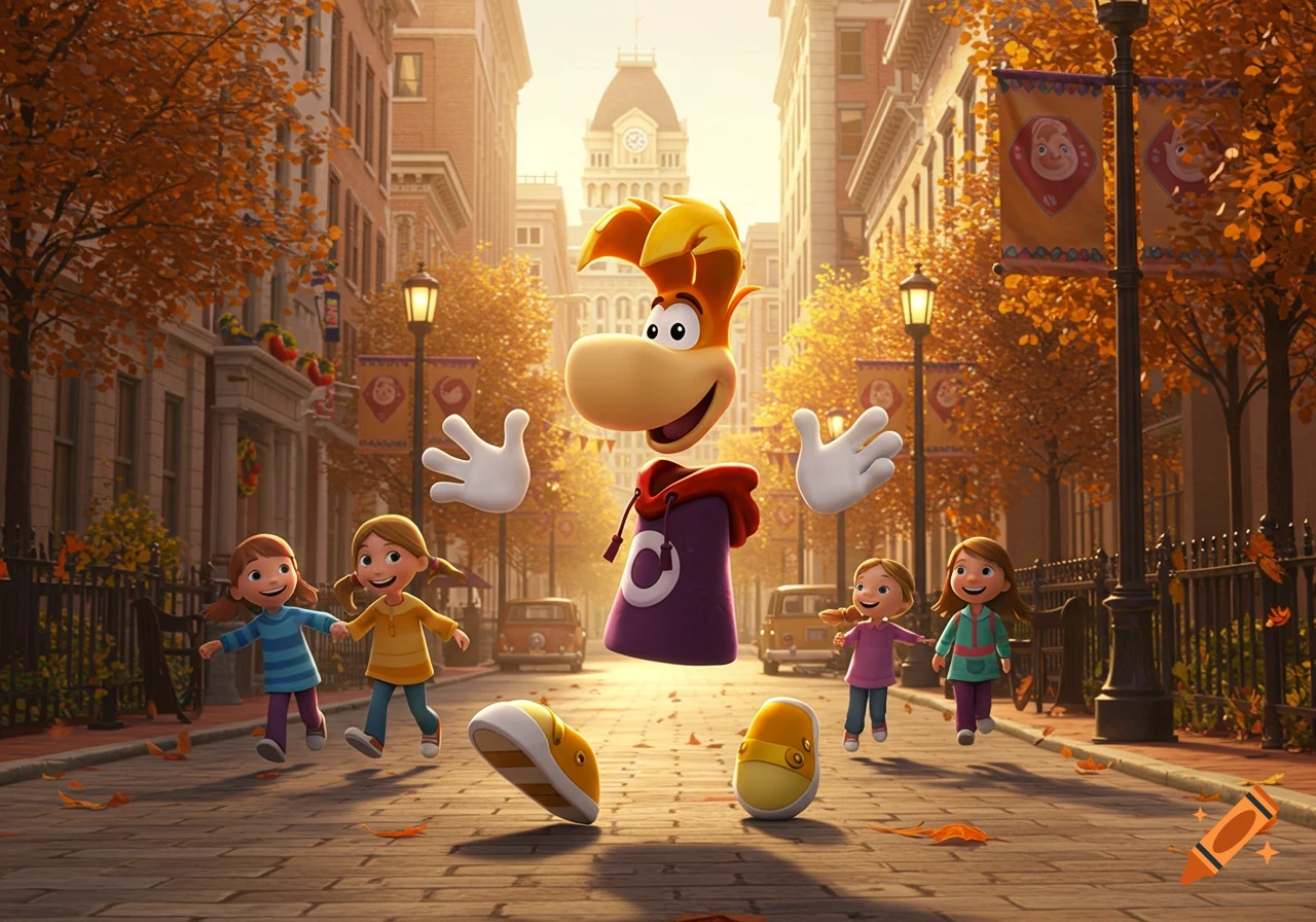 Cartoon Rayman and children joyfully float and run on an autumn city street with golden trees and buildings.