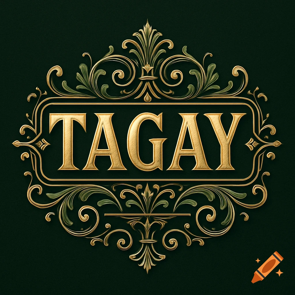 Gold embossed 'TAGAY' in an ornate vintage frame with green foliage on a dark green background.