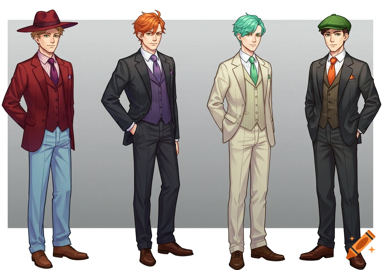 Four young men in colorful suits and hats, posing side-by-side in a digital illustration.