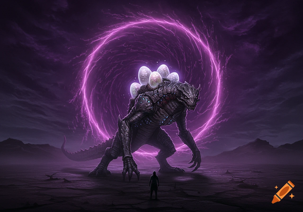 A massive, dark-scaled monster with glowing eggs on its back confronts a small figure before a swirling purple void in a desolate landscape.