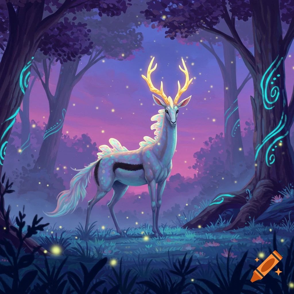 A glowing blue-green deer with golden antlers stands in an enchanted, luminous forest under a purple sky. Stylized art.