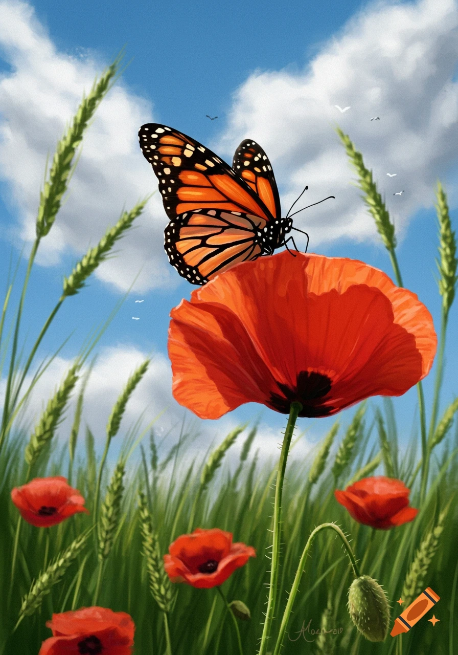 Digital painting of a monarch butterfly on a red poppy in a green wheat field under a blue sky with white clouds.
