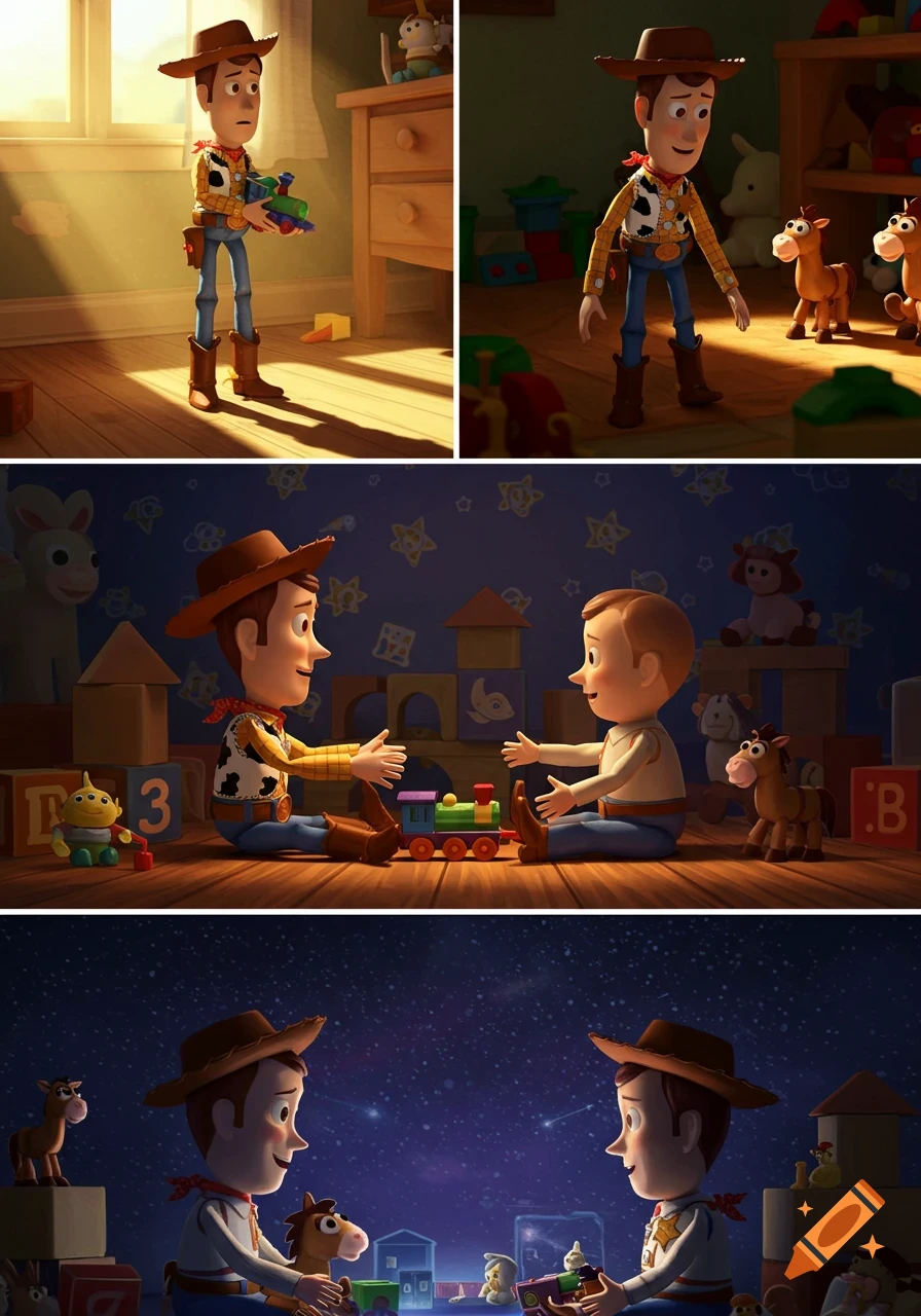 A five-panel animated story showing Woody the cowboy doll and a young boy playing with toys, reflecting a story of sharing.
