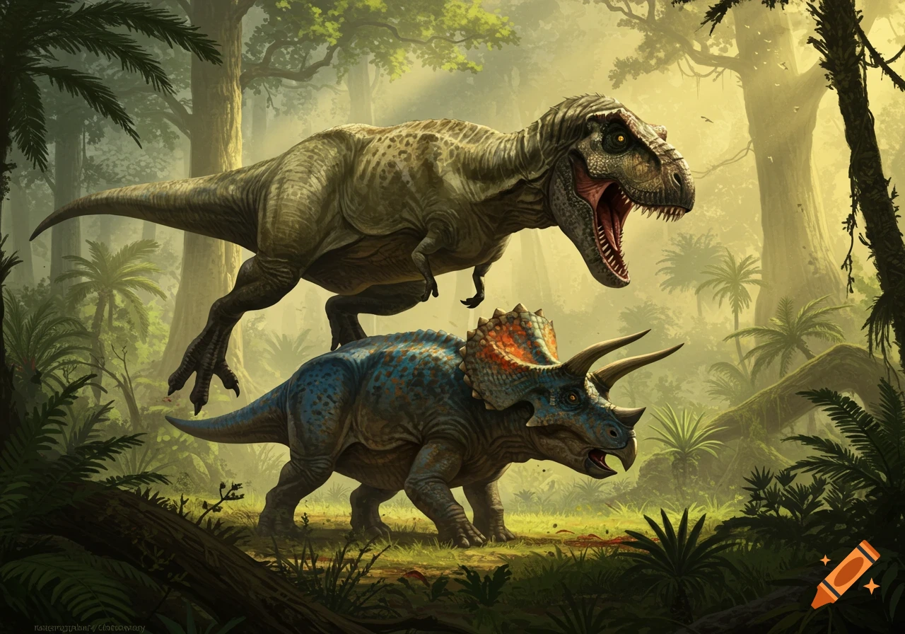 A large T-Rex with its mouth open lunges down at a blue Triceratops in a lush, sun-dappled jungle. Detailed illustration.