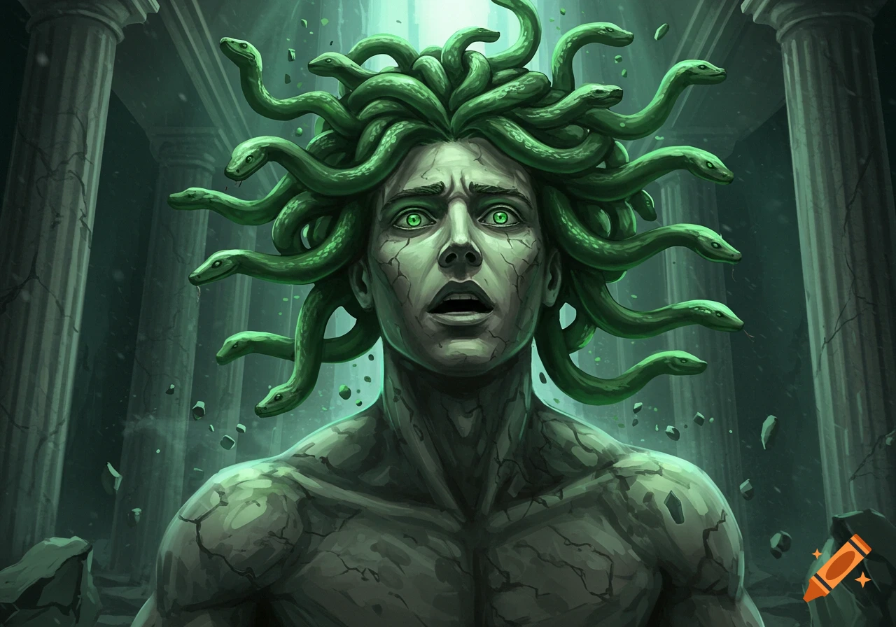 A male Medusa with green snakes for hair and cracked, stone-like skin looks shocked in an ancient ruin.