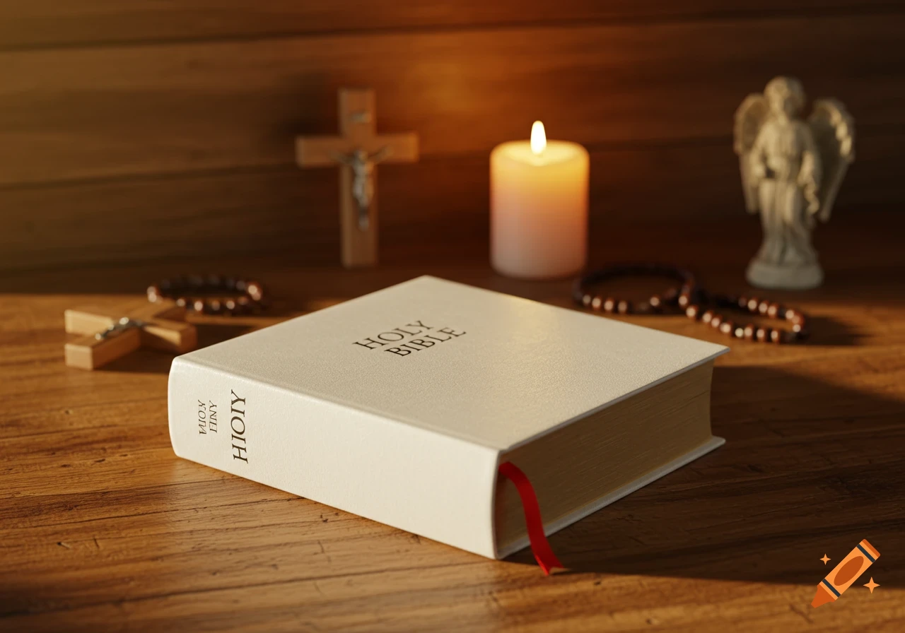 A white Holy Bible with a red bookmark sits on a wooden table, next to a lit candle, a wooden cross, rosaries, and an angel statue in a soft, warm light.
