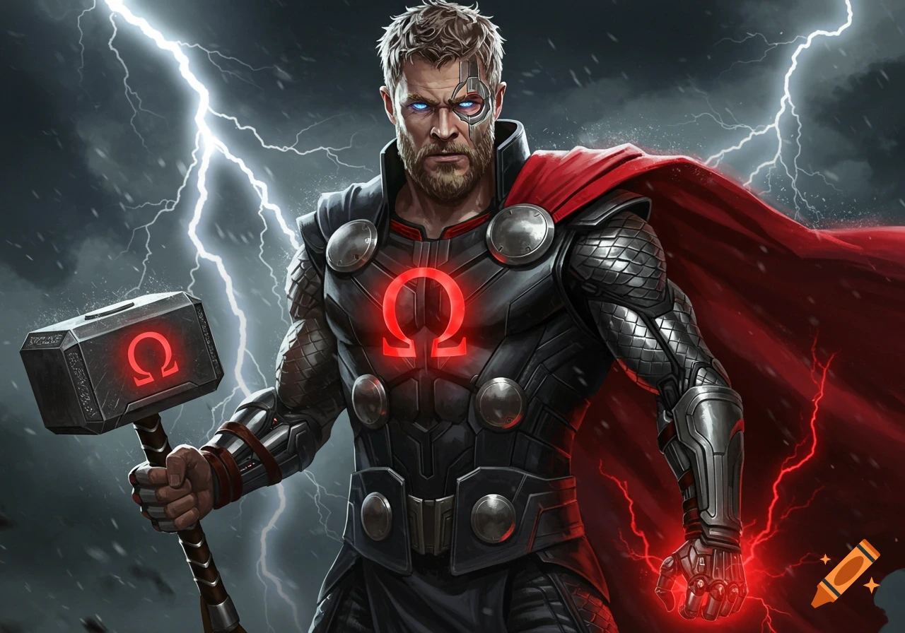 A half-cyborg Thor with glowing blue eyes and a red omega symbol on his chest, holding a hammer with an omega symbol, surrounded by lightning.