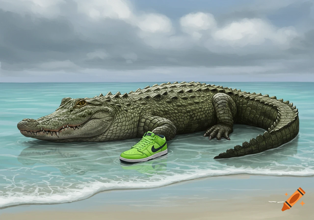 An illustrative image of a large alligator in shallow beach water next to a bright green sneaker under cloudy skies.