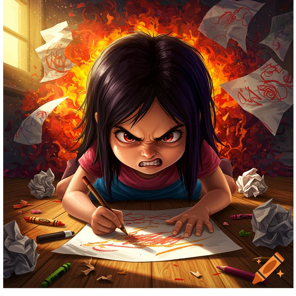 Cartoon illustration of a furious little girl with red eyes drawing on paper amidst crumpled art, with fiery flames in the background.