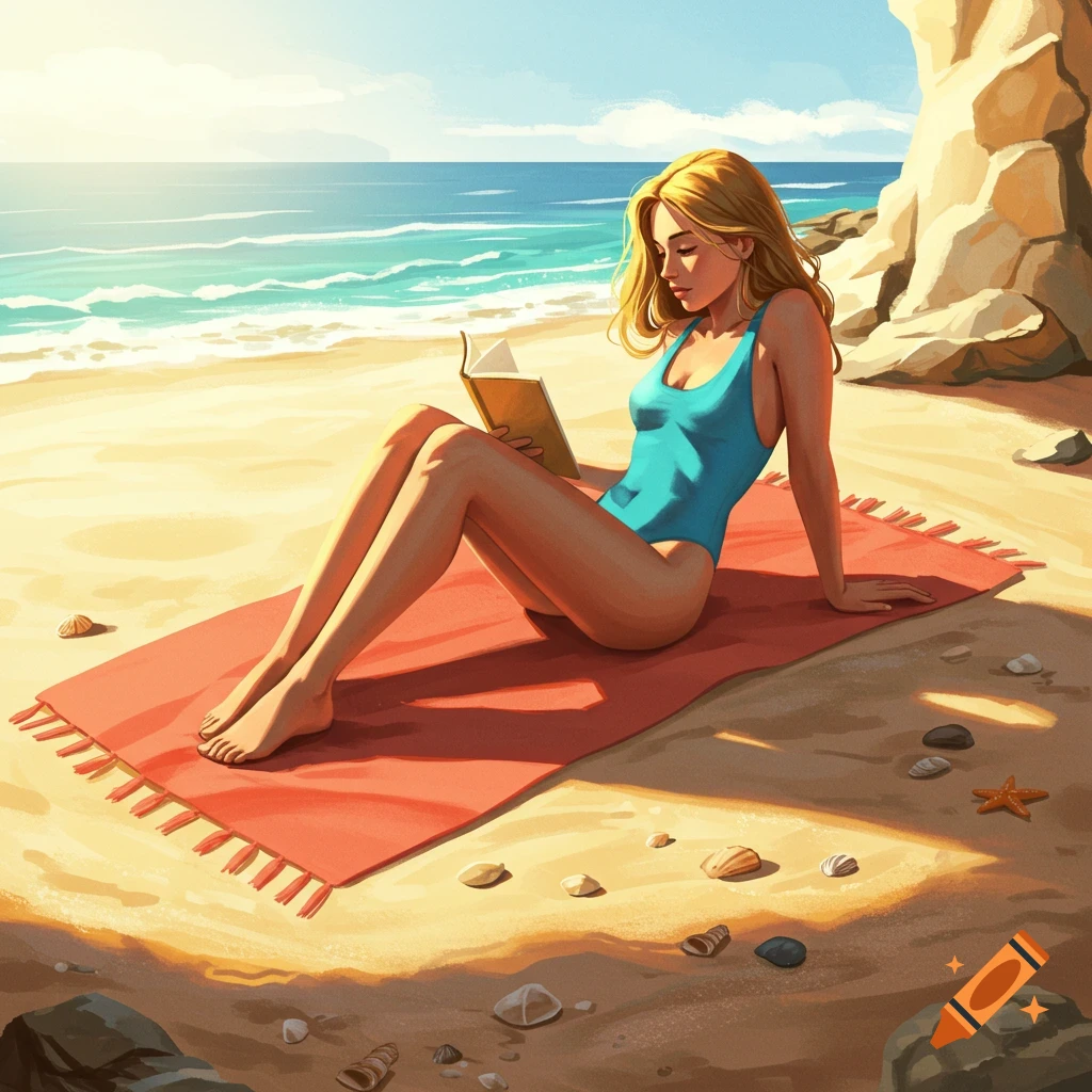 Stylized illustration of a woman in a blue swimsuit reading a book on a red towel on a sunny beach, with ocean and cliffs.