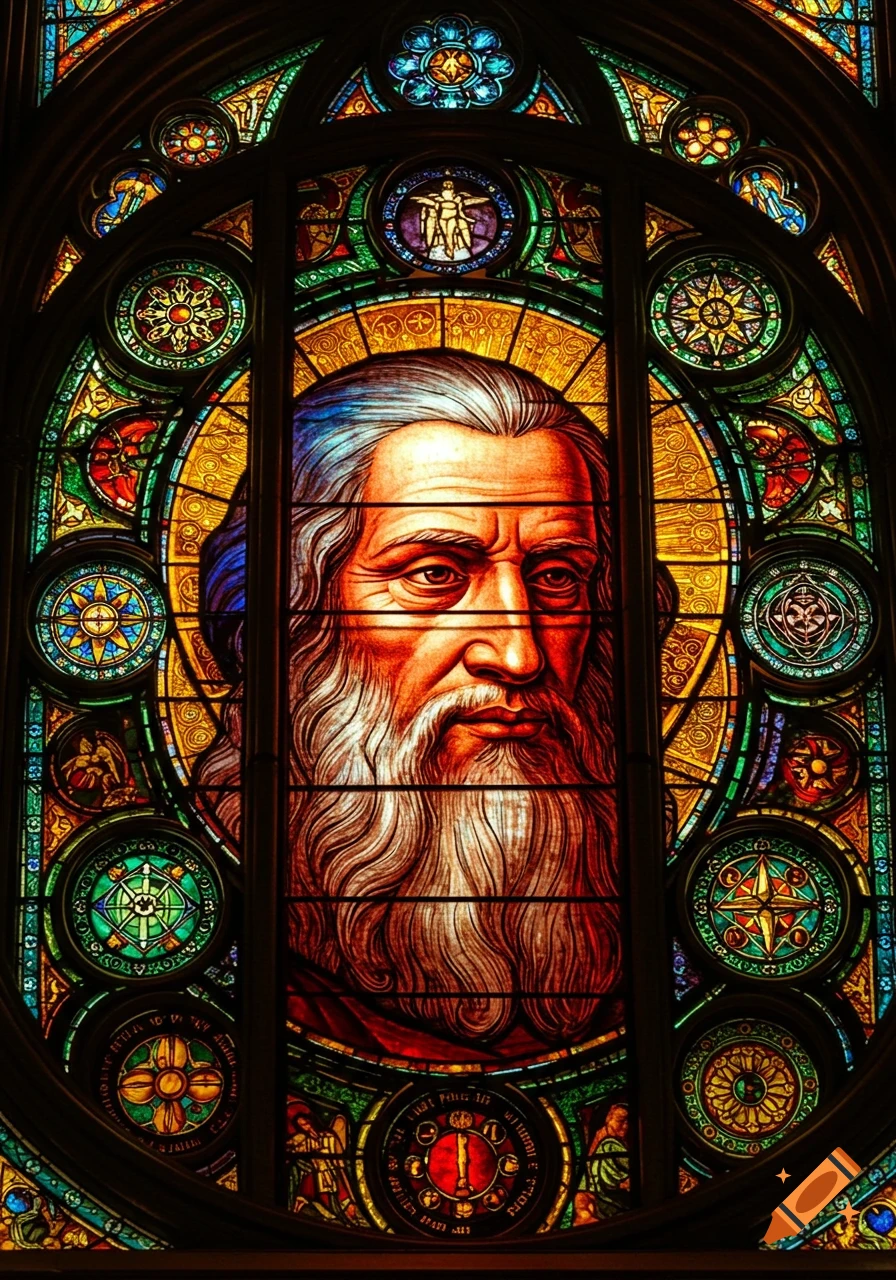 Intricate stained glass window featuring a portrait of an elderly bearded man with a halo, surrounded by ornate colorful patterns and symbolic insets.