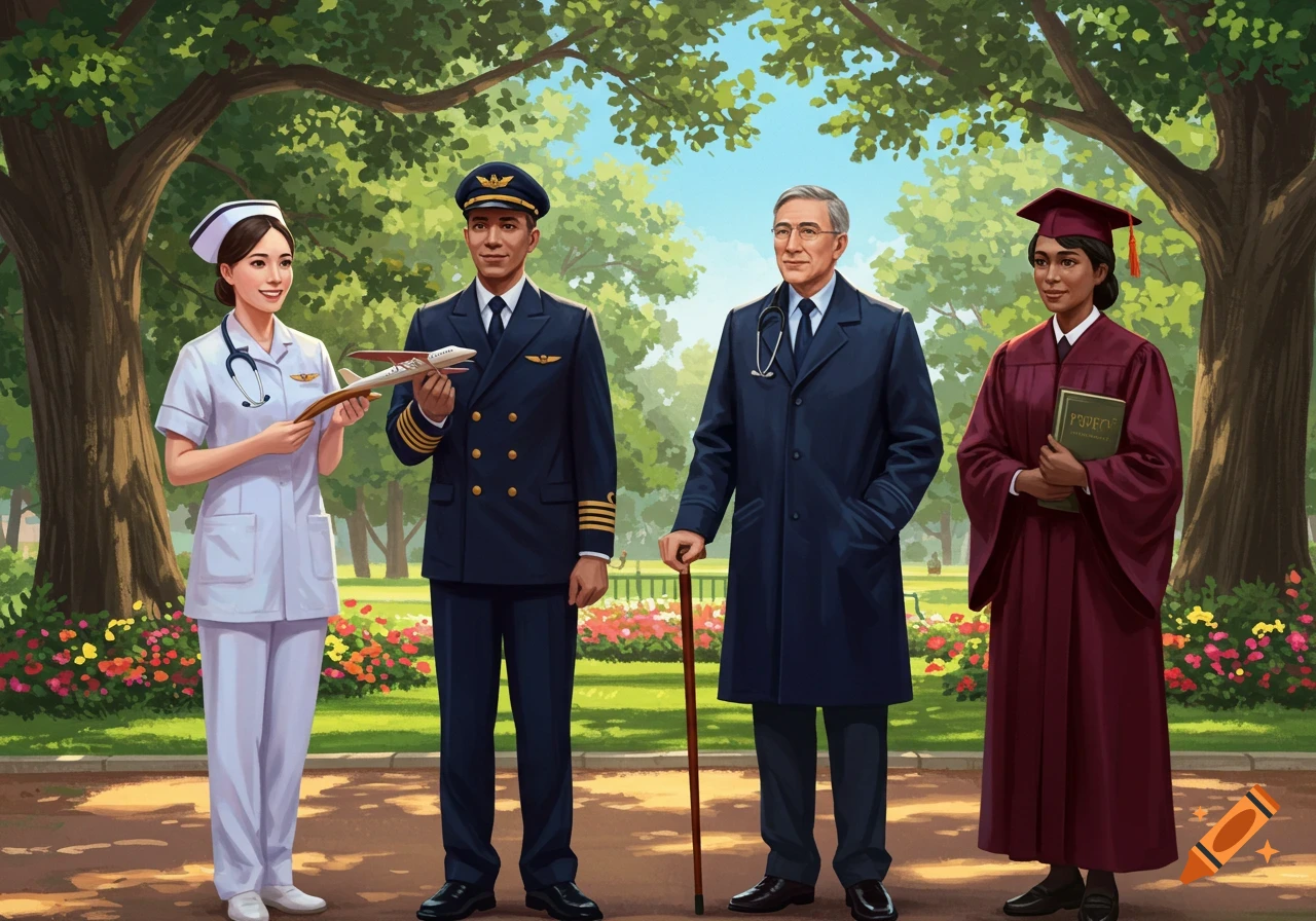 A nurse, a pilot, a doctor with a cane, and a graduate in a cap and gown stand in a lush green park.
