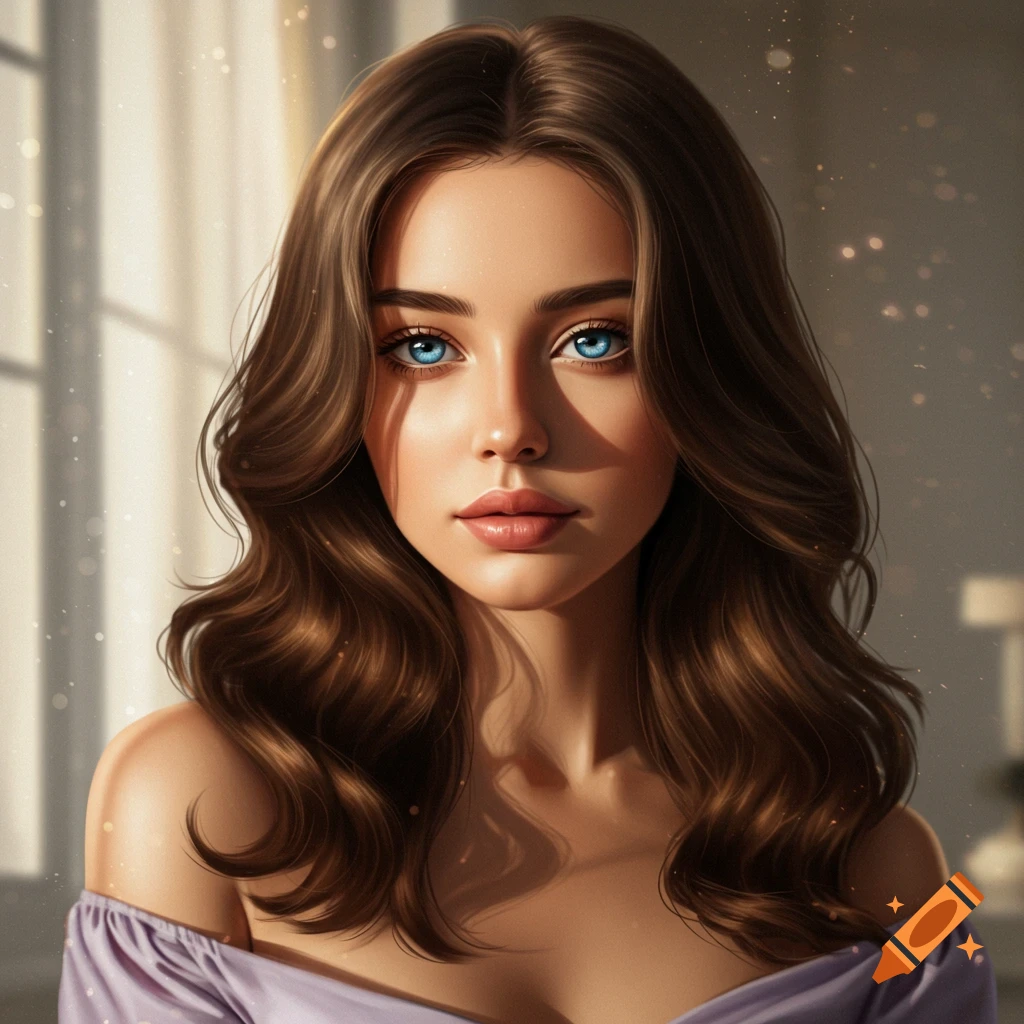 Photorealistic portrait of a beautiful woman with dark wavy hair and bright blue eyes, wearing a lavender off-shoulder top.
