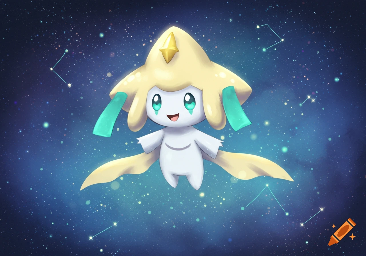 Jirachi, a cute, white and yellow Pokémon, floats happily in a blue starry night sky with constellations.