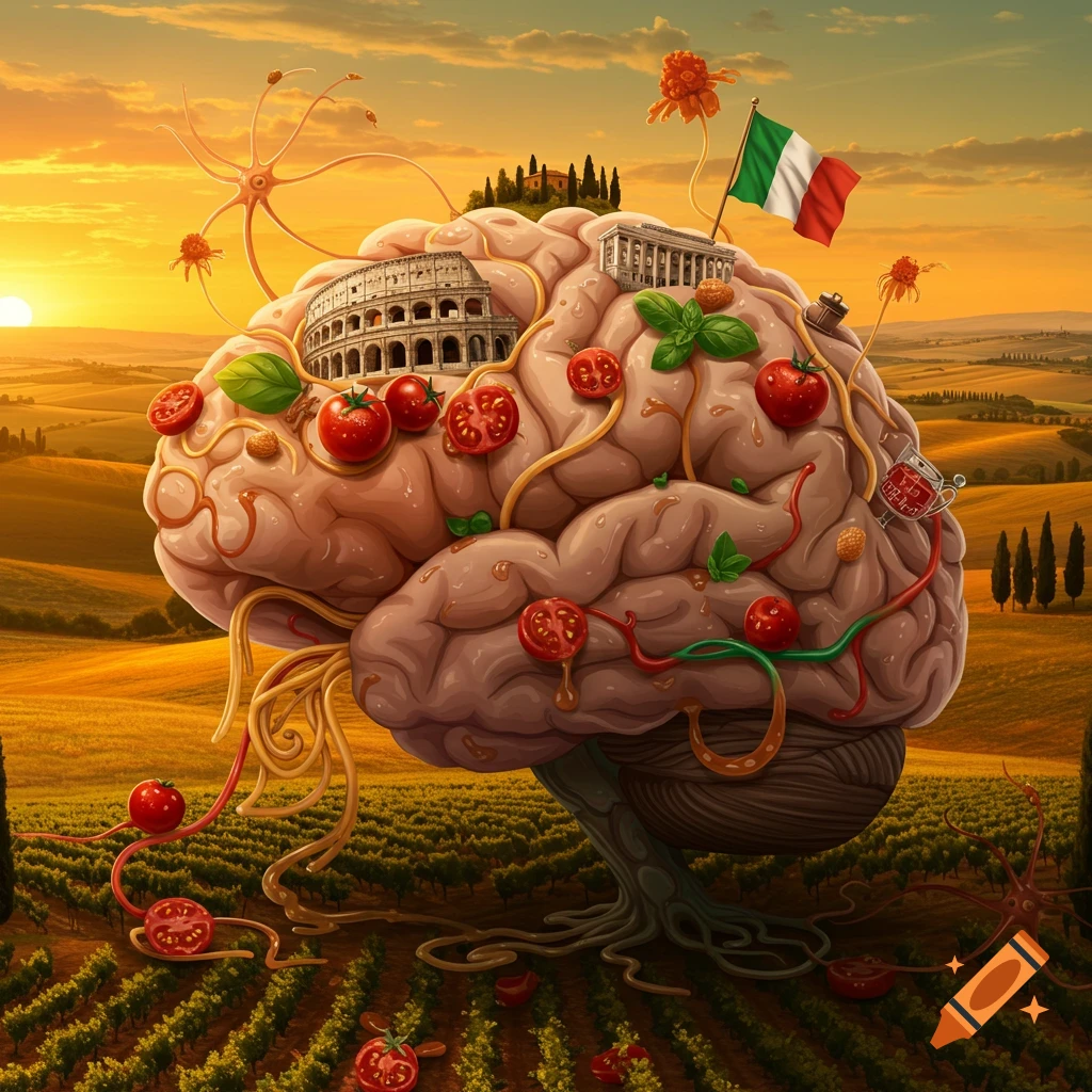 A surreal artistic depiction of a human brain featuring Italian elements like the Colosseum, flag, tomatoes, pasta, basil, all rooted in a Tuscan vineyard landscape at sunset.