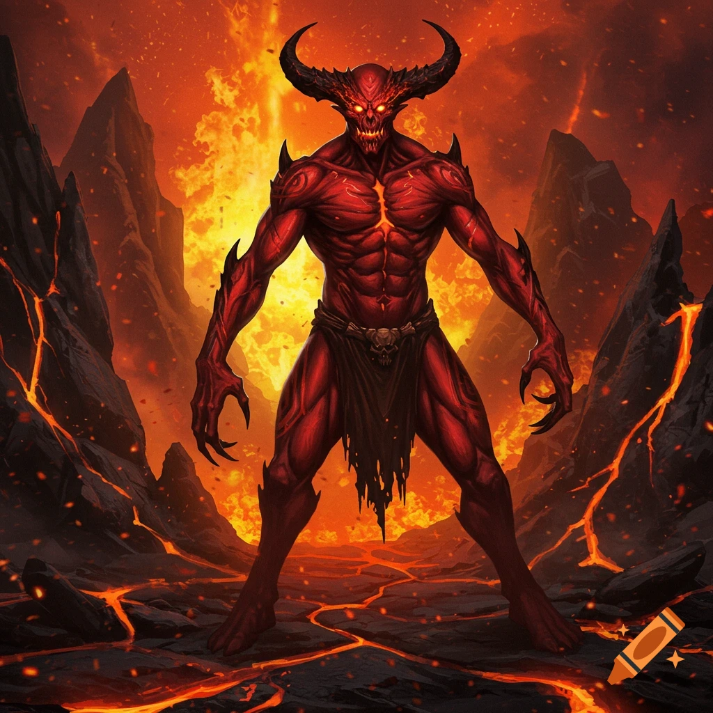 A red demon with horns and glowing eyes stands in a fiery hellscape with lava and jagged rocks.