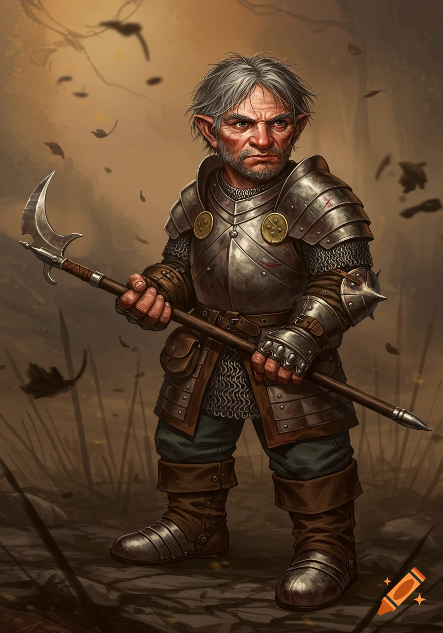 Old, gray-haired halfling fighter with a stern face wearing plate and leather armor, holding a glaive at the ready in a fantasy setting.