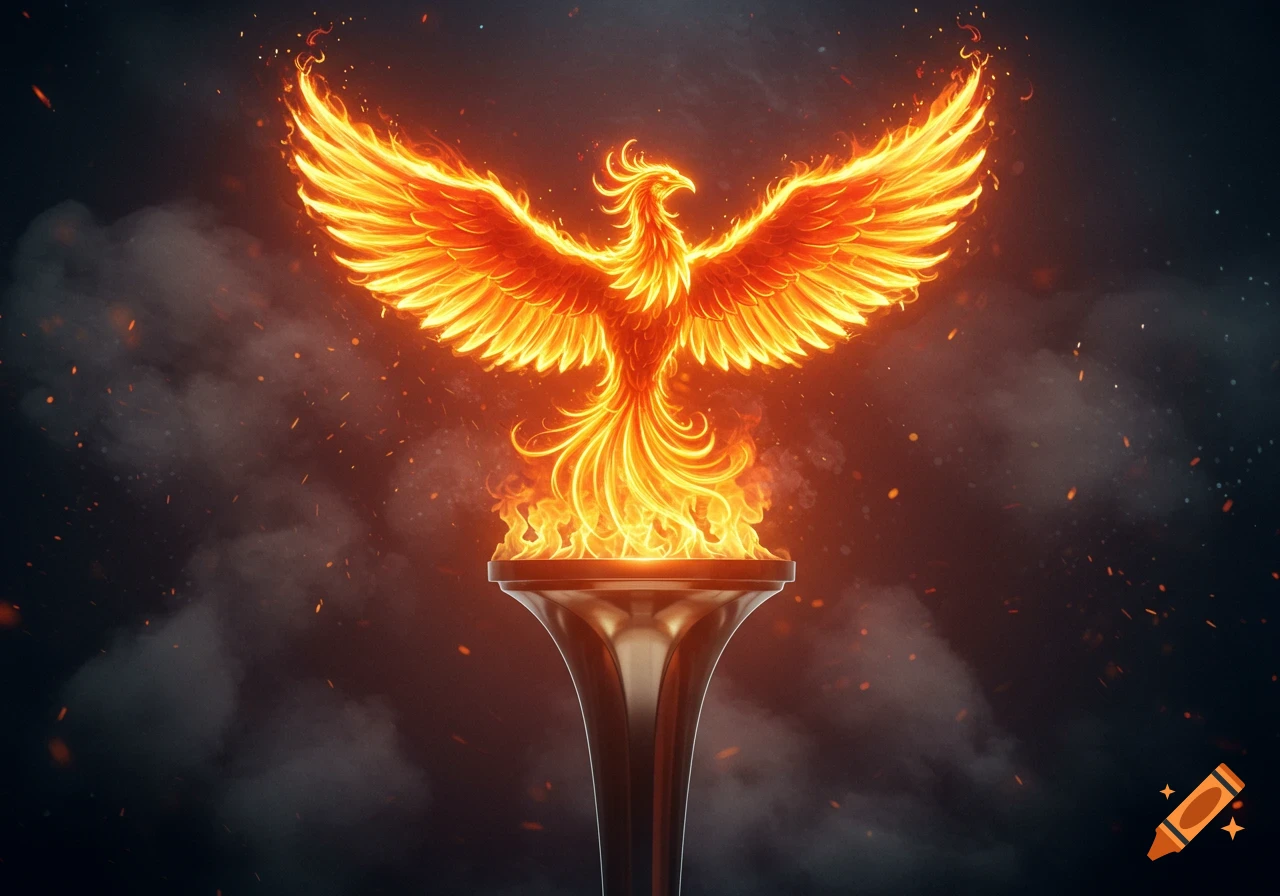 A majestic fiery phoenix with outstretched wings rises from a glowing torch, against a dark, smoky background with embers.