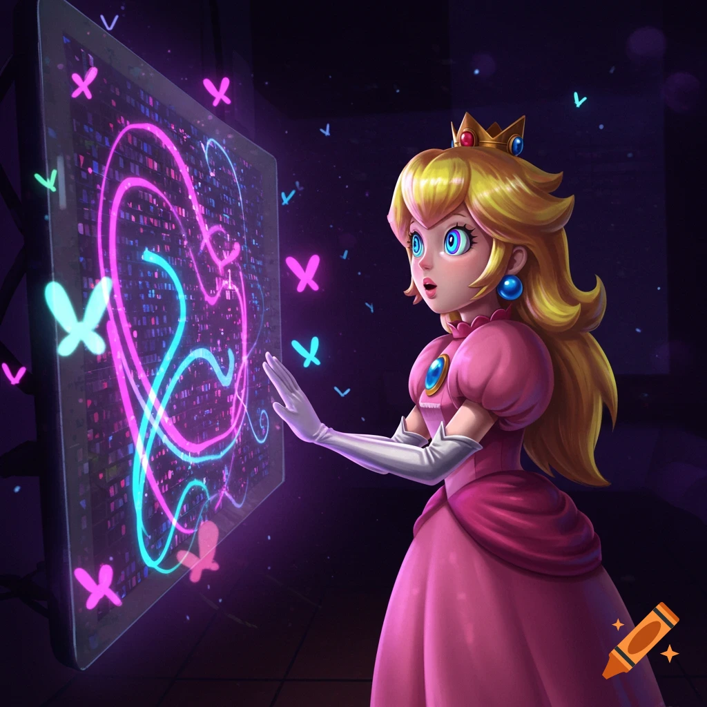 Princess Peach in a pink dress gazes at a glowing screen with pink and blue heart patterns and neon butterflies.
