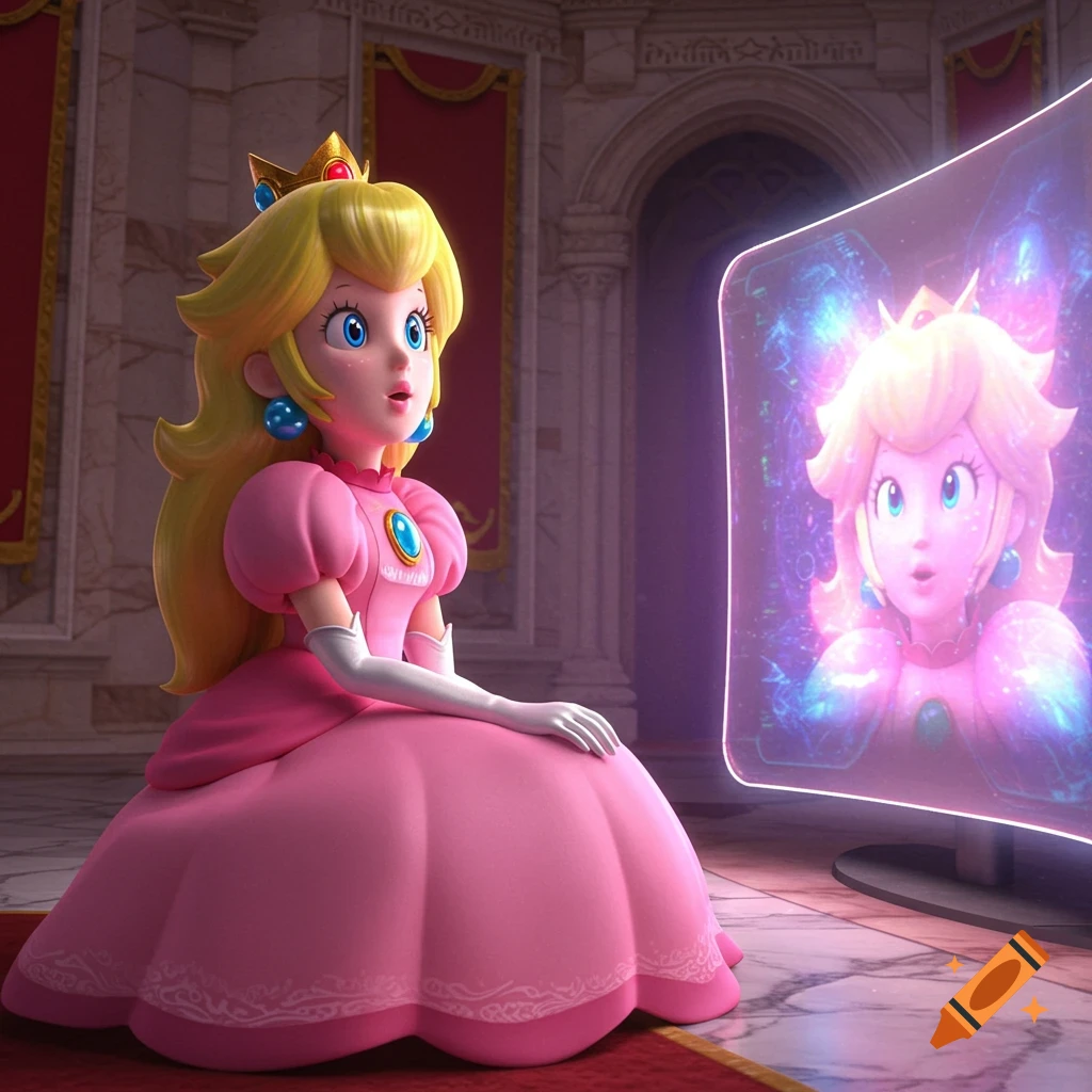 3D animated Princess Peach in a castle, looking at a glowing screen showing a distorted, colorful image of herself.