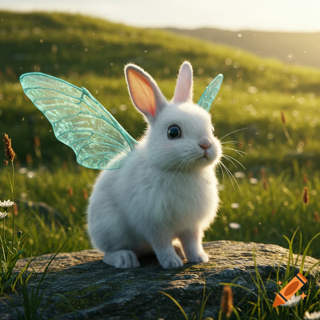 A photorealistic fluffy white bunny with translucent teal fairy wings sits on a mossy rock in a sunlit grassy field.