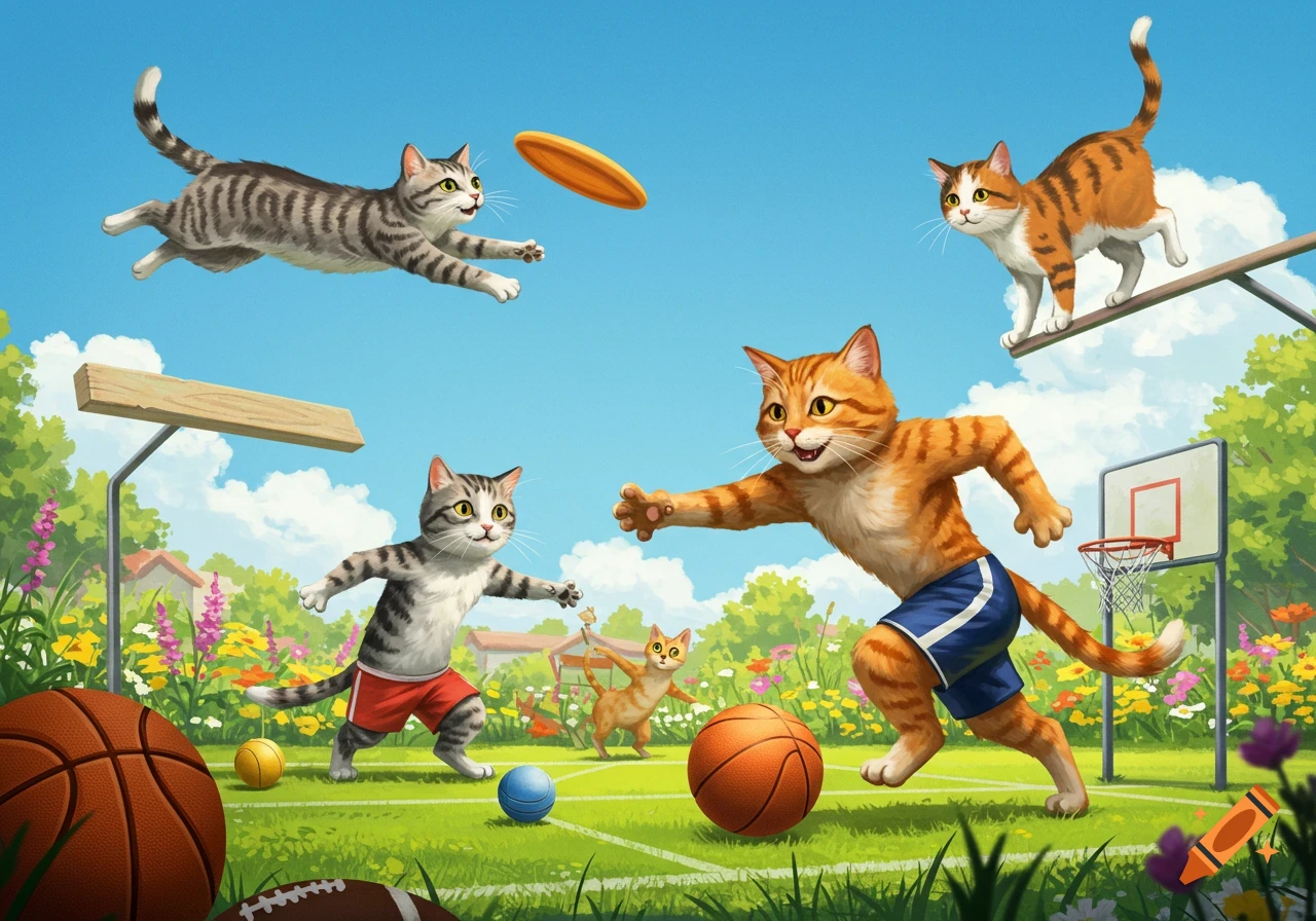 Cartoon cats play various sports outdoors on a sunny day. One cat jumps for a frisbee, another dribbles a basketball.