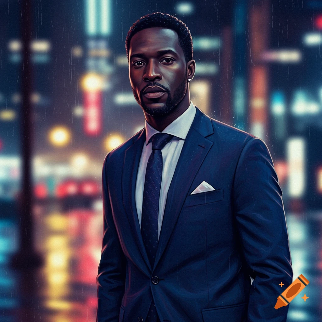 A handsome Black man in a dark suit stands confidently against a blurred, rainy city night background.