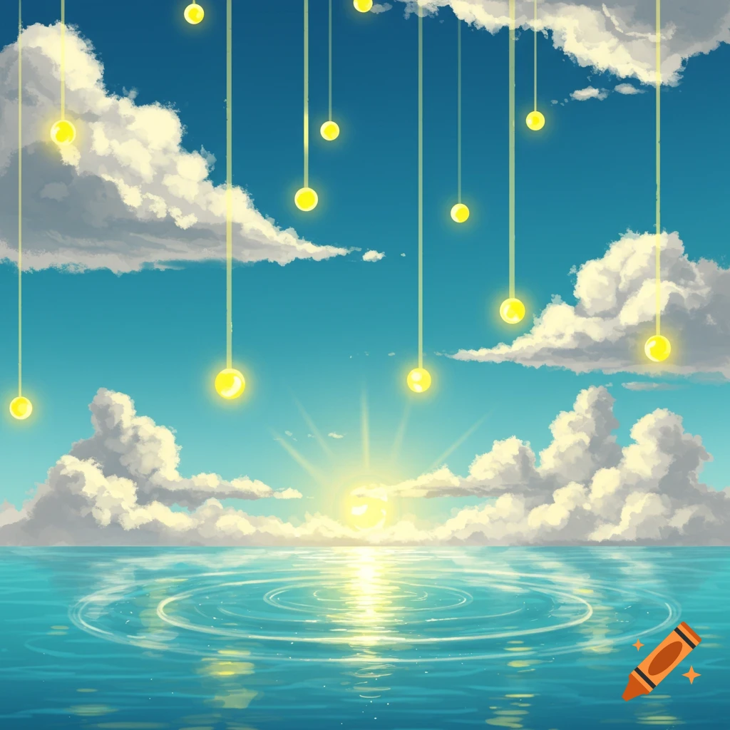 A vibrant stylized landscape with a bright sun over the ocean, fluffy clouds, and glowing yellow orbs suspended in a blue sky.