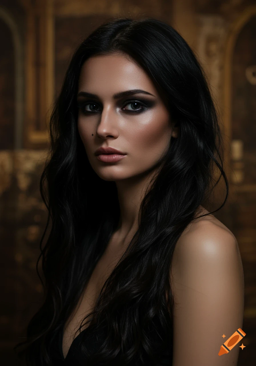 A beautiful woman with long dark hair, smoky eyes, and a beauty mark on her cheek looks left, in a dramatic portrait style.