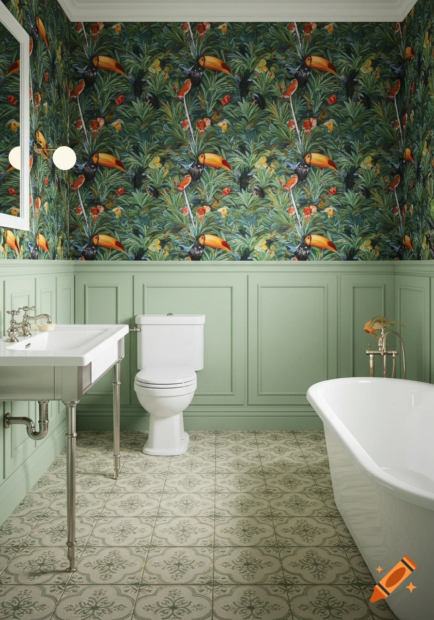 A green bathroom with Victorian style floor, light green panelled walls, toucan wallpaper, white sink, toilet, and bathtub.