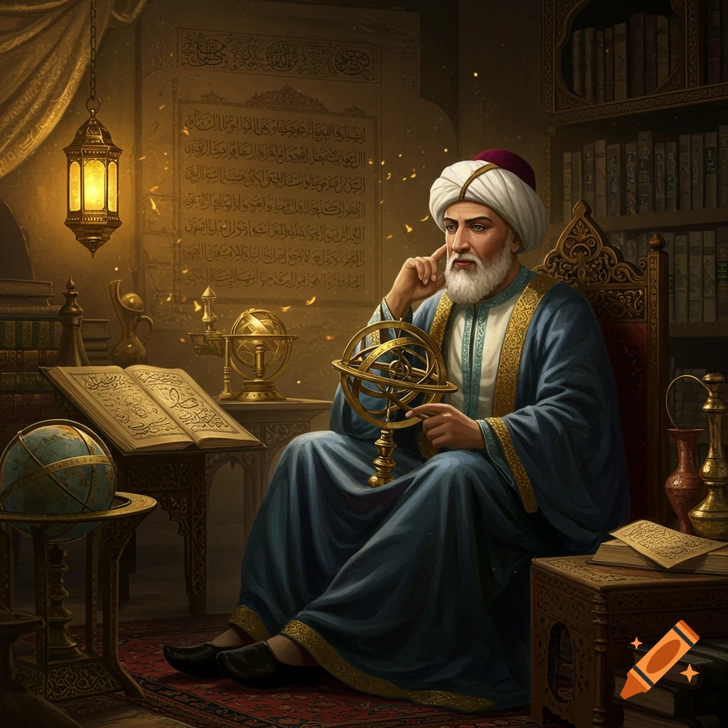An old scholar with a white beard and turban sits in a dimly lit room, holding an armillary sphere, surrounded by books and ancient instruments.