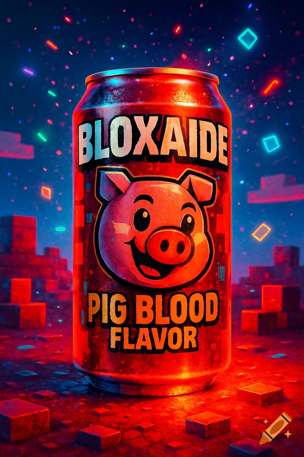A red Bloxaide can with a cartoon pig mascot and 'PIG BLOOD FLAVOR' text, against a vibrant, blocky, neon background.