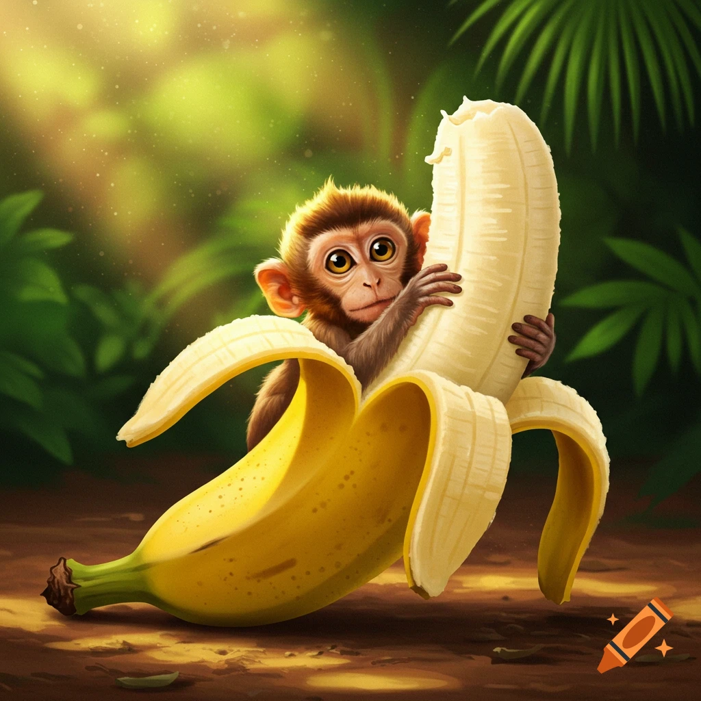 A cute cartoon baby monkey peeking from behind a large, peeled banana in a jungle environment.