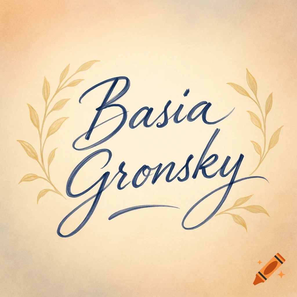 Elegant blue calligraphy spells 'Basia Gronsky' with gold leaf flourishes on a cream background.