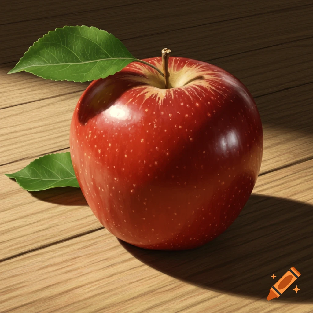 A photorealistic red apple with green leaves rests on a wooden table, partially illuminated by sunlight.