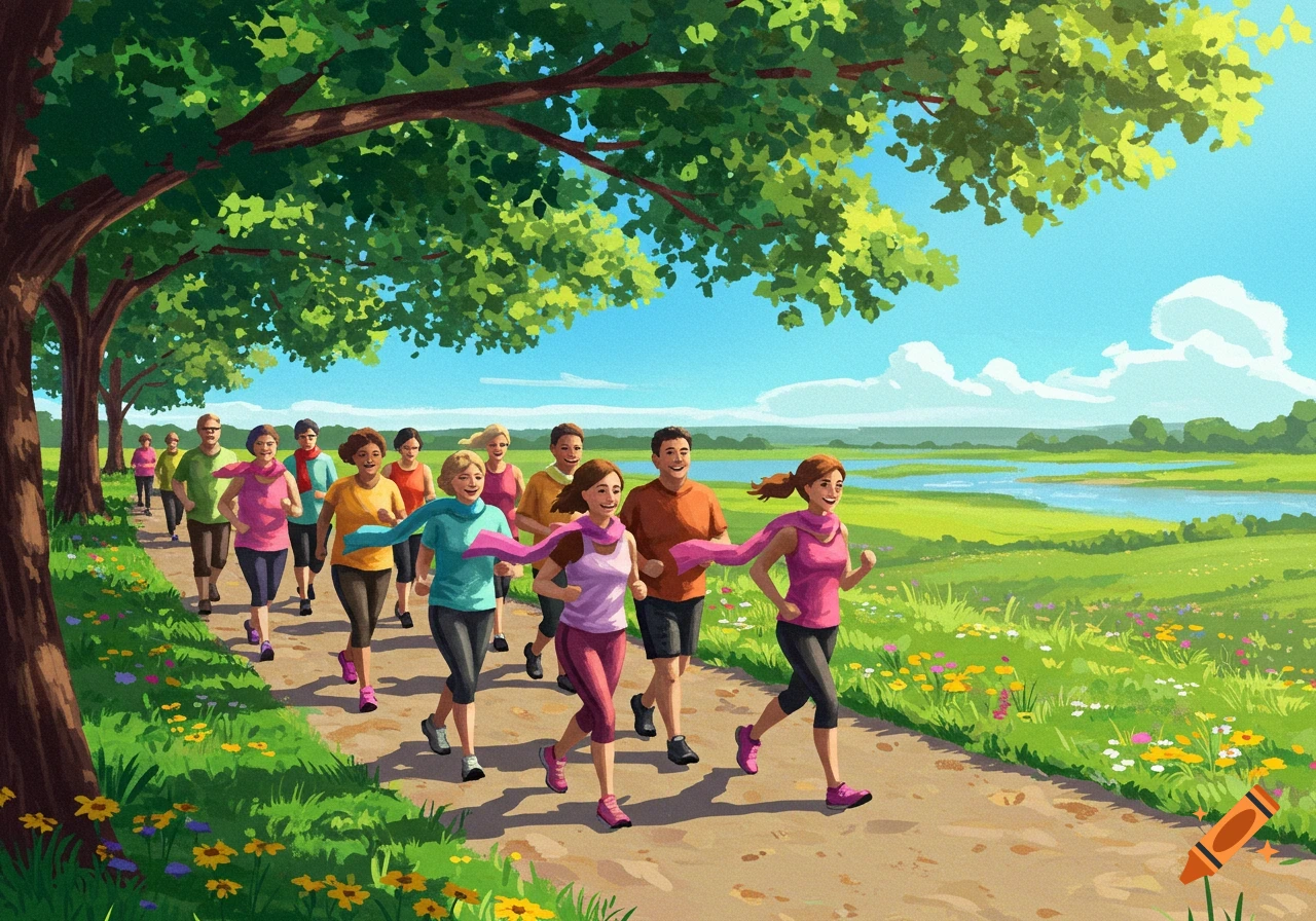 A diverse walking club jogs on a sunny path through a vibrant park with trees, fields, and a river, in an illustration.