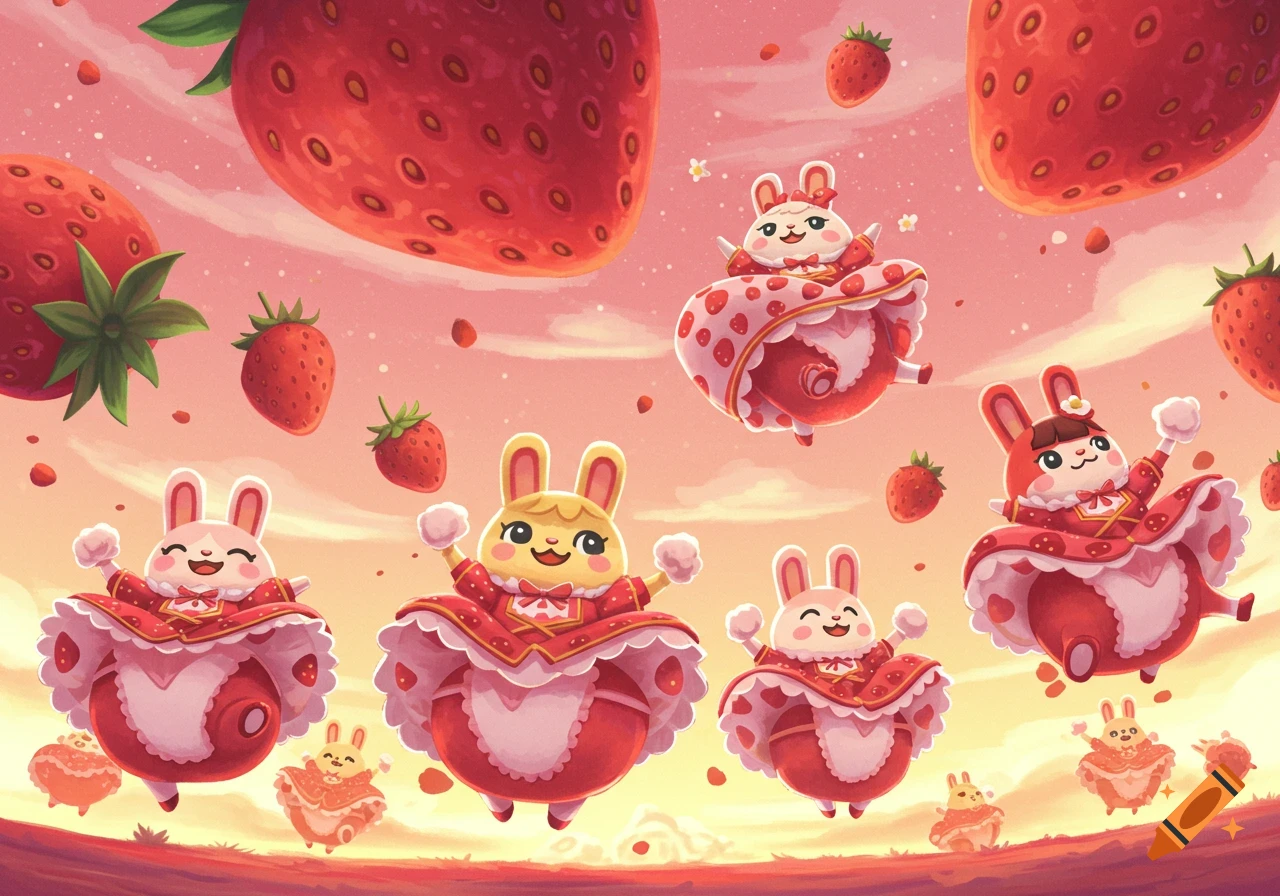 Cute bunny-like characters in frilly strawberry-themed dresses float happily in a pink sky filled with large and small strawberries in a cartoon style.