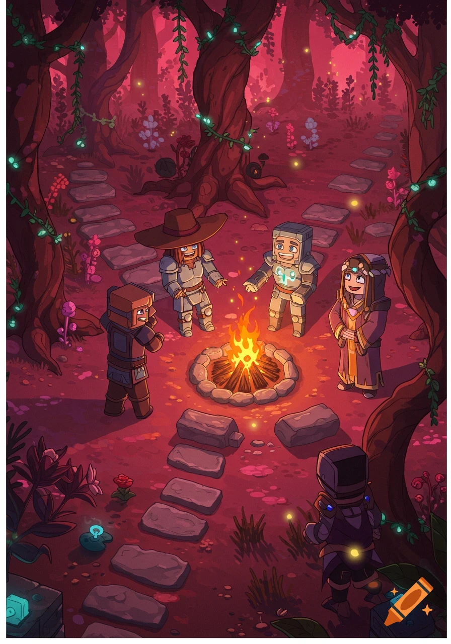 Cartoon blocky characters in a Minecraft-style fantasy forest, gathered around a campfire on a stone path at dusk.