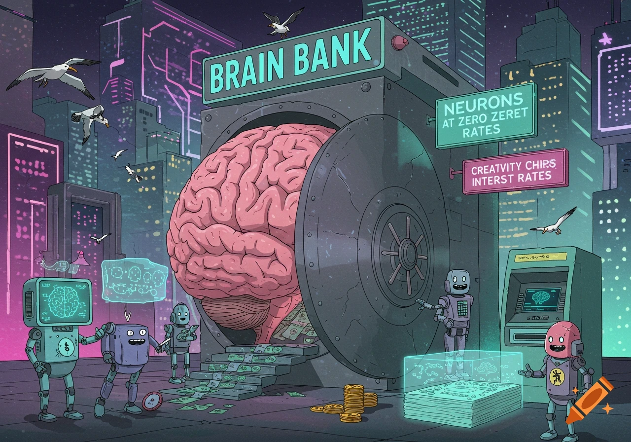 Cartoon illustration of a giant brain in a 'Brain Bank' vault in a neon futuristic city with robots and stacks of money.