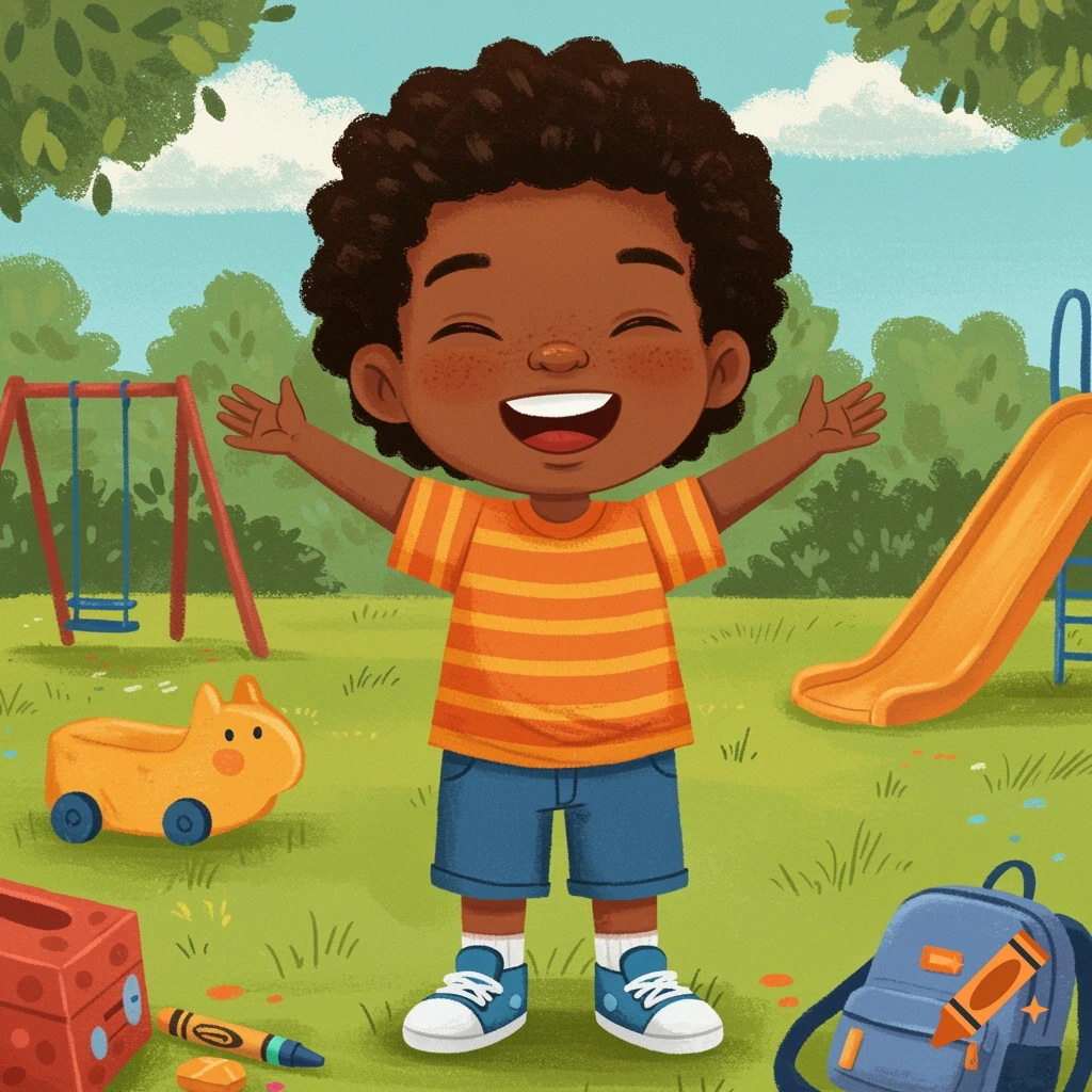 Happy young Black boy with arms outstretched, smiling in a sunny storybook playground with swings, slide, and toys.