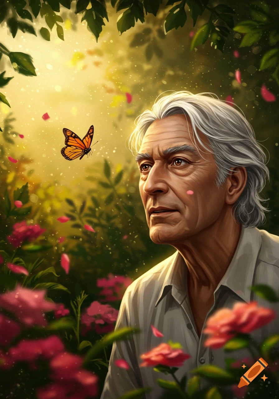An illustrated older man with gray hair gazes at a monarch butterfly in a sunlit garden with pink flowers.