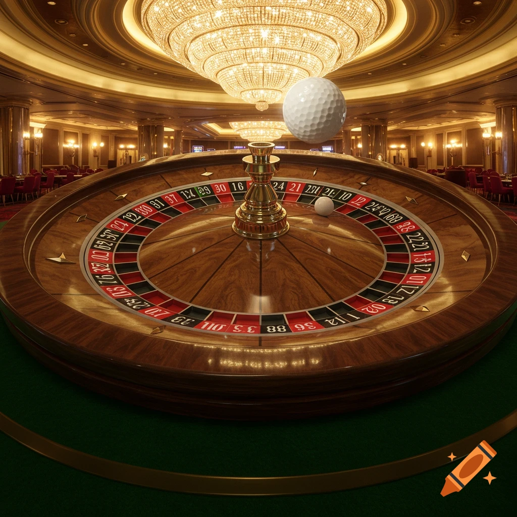A photorealistic image of a roulette wheel in a luxurious casino, with a golf ball as the roulette ball hovering above the wheel.