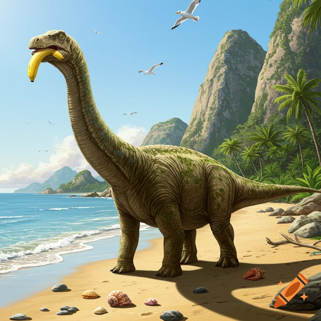 A large, long-necked dinosaur stands on a sandy beach eating a banana, with tropical mountains and ocean in the background.