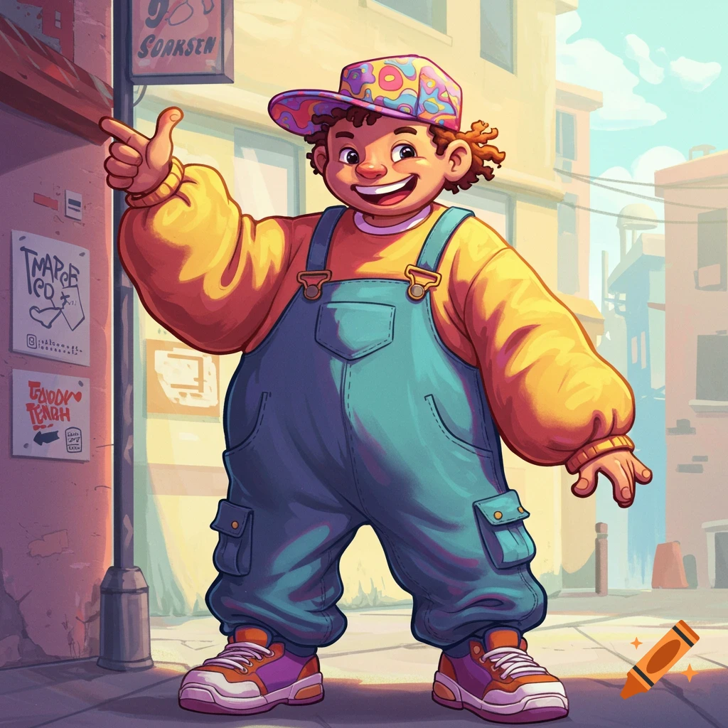 Smiling cartoon boy in baggy yellow shirt, blue overalls, and colorful patterned cap, pointing his finger on a street.