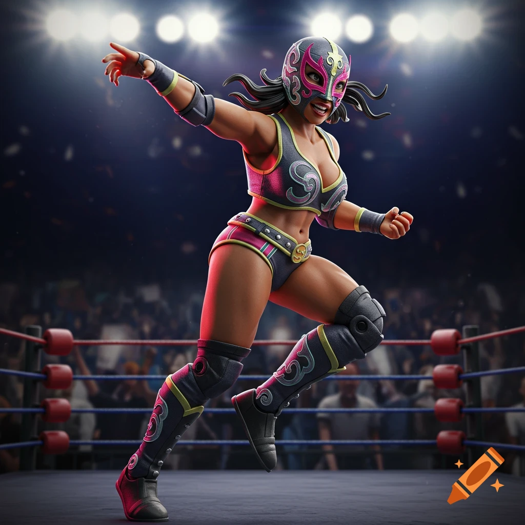 A stylized 3D render of a female luchador action figure in a wrestling ring, wearing a vibrant mask and costume, ready for action.