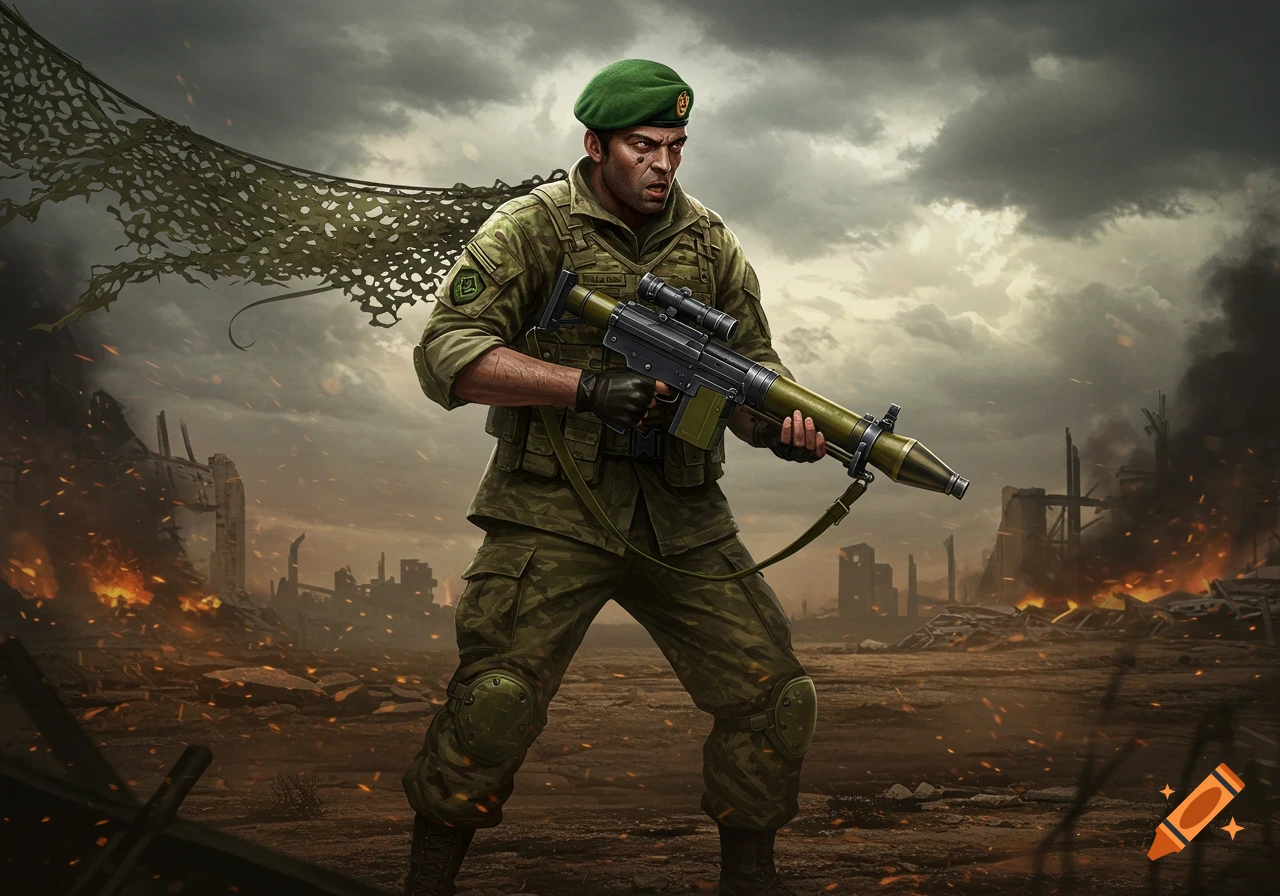 A soldier in a green beret and camouflage uniform holds a rocket launcher in a war-torn, burning city.