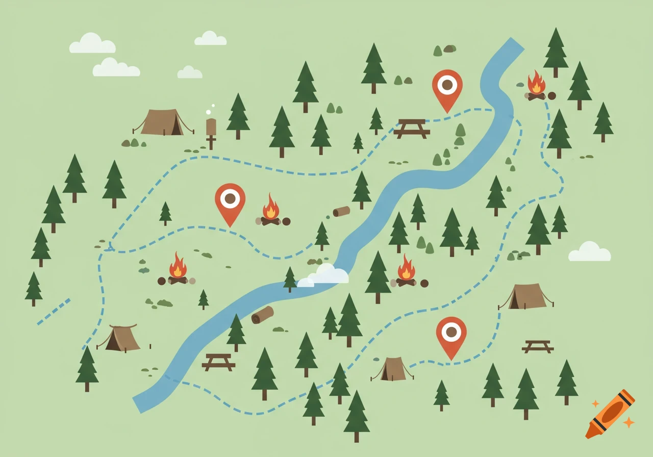 An illustrated flat design map of a campground with a winding river, trees, tents, campfires, and location pins on a light green background.