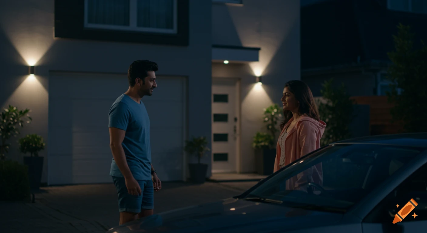 A man and woman talk at night in front of a modern suburban house, with a car parked nearby, in a cinematic shot.
