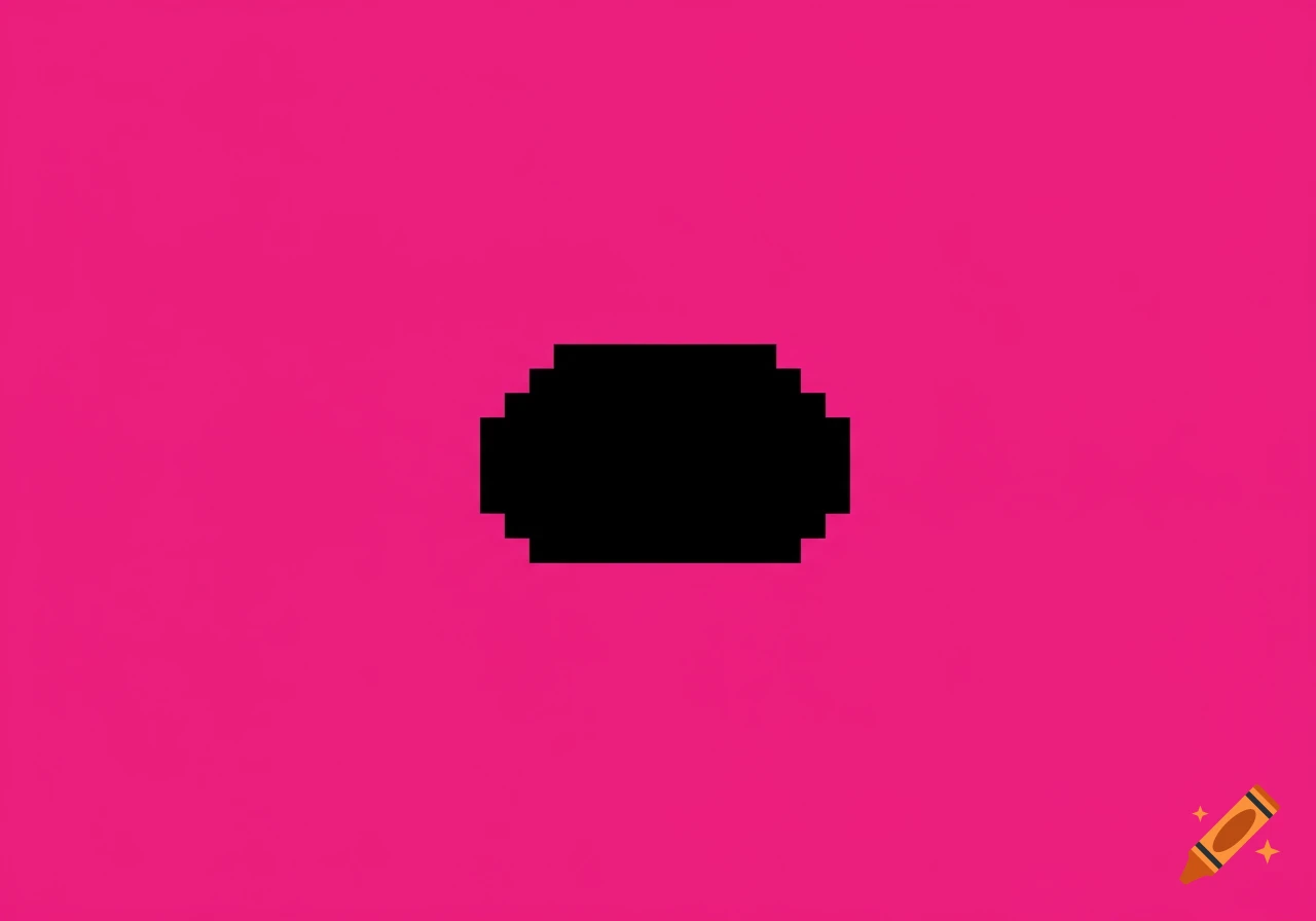 A pixel art image featuring a black pixelated oval shape centered on a solid magenta background.